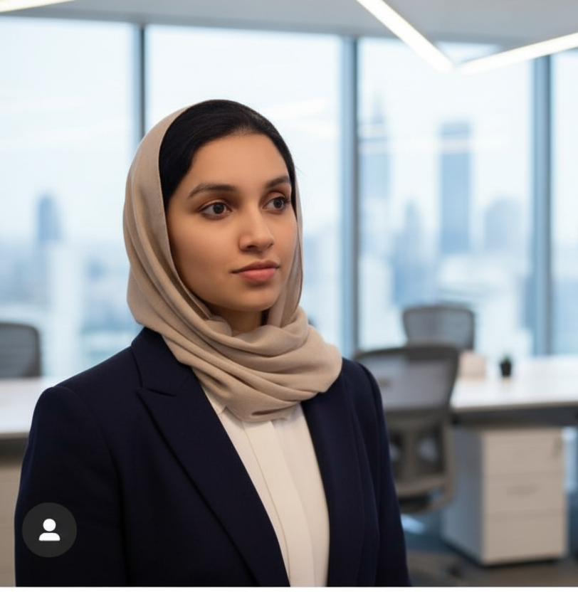 a proffessionally dressed lady standing in a working environment looking to a corner